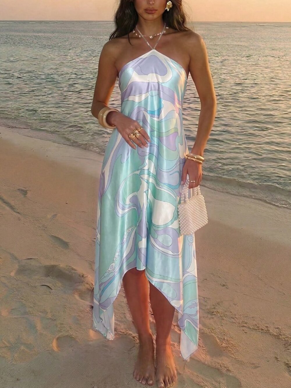 multicolor  Boho Women's Slim Fit Halter Neck Asymmetric Hem Mini A-Line Dress